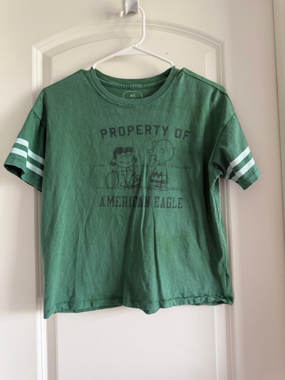 American Eagle Peanuts Tshirt Green and White Stripe